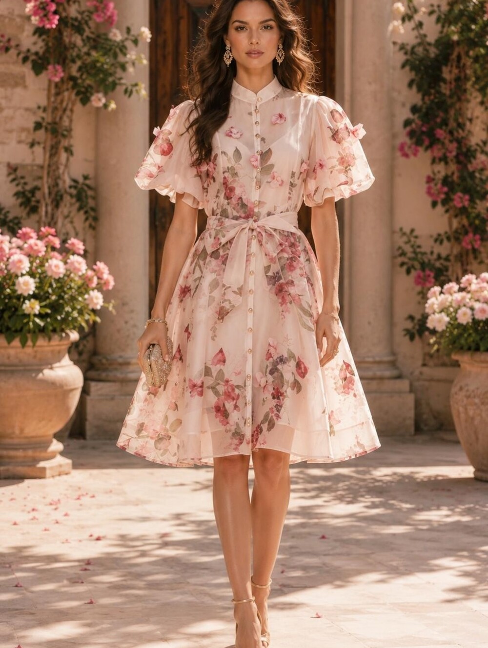 X15 Made In Italy Linen Floral 3d With Gold Beads Tie-Waist Midi Dress